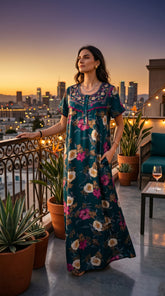 Alpine Designer Long Nightgown with Embroidery for Women with Side Pocket | Soft Breathable Fabric | Printed Maxi Nighty | Comfortable Daily Wear