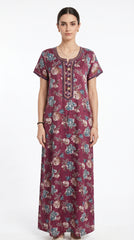 Alpine Long Nightgown with Embroidery for Women with Side Pocket | Soft Breathable Fabric | Printed Maxi Nighty | Comfortable Daily Wear
