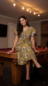 Evolove Alpine Short Nighty for Women | Olive Green Floral Printed Knee-Length Nightgown with Embroidered Neckline & Waist Tie