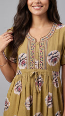 Evolove Alpine Short Nighty for Women | Olive Green Floral Printed Knee-Length Nightgown with Embroidered Neckline & Waist Tie