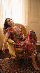 Evolove Alpine Short Nighty for Women | Rust Pink Printed Midi Nightgown with Decorative Neckline & Waist Tie