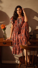 Evolove Alpine Short Nighty for Women | Rust Pink Printed Midi Nightgown with Decorative Neckline & Waist Tie
