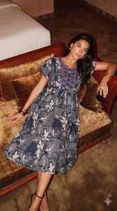 Evolove Alpine Short Nighty for Women | Navy Blue Floral Printed Midi Nightgown with Embroidered Neckline & Adjustable Waist Tie