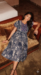 Evolove Alpine Short Nighty for Women | Navy Blue Floral Printed Midi Nightgown with Embroidered Neckline & Adjustable Waist Tie