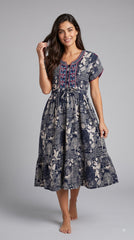Evolove Alpine Short Nighty for Women | Navy Blue Floral Printed Midi Nightgown with Embroidered Neckline & Adjustable Waist Tie