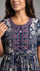 Evolove Alpine Short Nighty for Women | Navy Blue Floral Printed Midi Nightgown with Embroidered Neckline & Adjustable Waist Tie
