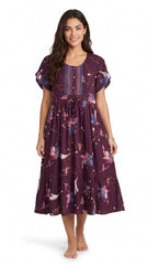 Evolove Alpine Short Nighty for Women | Wine Purple Floral Printed Midi Nightgown with Button Front & Adjustable Waist Tie