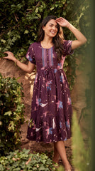 Evolove Alpine Short Nighty for Women | Wine Purple Floral Printed Midi Nightgown with Button Front & Adjustable Waist Tie