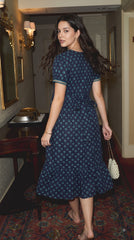 Evolove Cotton Nighty for Women | Navy Blue Printed Cotton Midi Nightgown with Short Sleeves & Tiered Hem