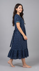 Evolove Cotton Nighty for Women | Navy Blue Printed Cotton Midi Nightgown with Short Sleeves & Tiered Hem