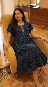 Evolove Cotton Nighty for Women | Navy Blue Printed Cotton Midi Nightgown with Short Sleeves & Tiered Hem