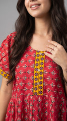 Evolove Women's Cotton Printed Nighty | Red Floral Midi Nightgown with Short Sleeves