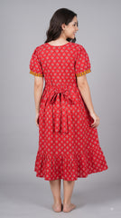 Evolove Women's Cotton Printed Nighty | Red Floral Midi Nightgown with Short Sleeves