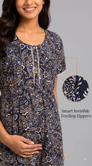 Evolove Rayon Maternity Feeding Nighty for Women | Navy Blue Paisley Printed Nursing Nightgown with Invisible Zippers