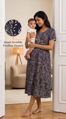 Evolove Rayon Maternity Feeding Nighty for Women | Navy Blue Paisley Printed Nursing Nightgown with Invisible Zippers
