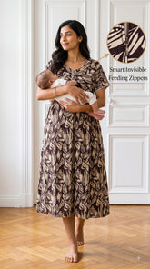 Evolove Rayon Maternity Feeding Nighty for Women | Brown Leaf Print Nursing Nightgown with Invisible Feeding Zippers