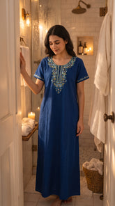 Women's Designer Kashmiri Embroidered Long Nightgown | Premium Bizzy Lizzy Fabric | Full Length Maxi Nighty | Soft, Breathable & Comfortable Sleepwear | Daily Wear & Lounge Wear