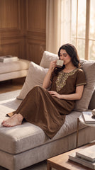 Women's Designer Kashmiri Embroidered Long Nightgown | Premium Bizzy Lizzy Fabric | Full Length Maxi Nighty | Soft, Breathable & Comfortable Sleepwear | Daily Wear & Lounge Wear