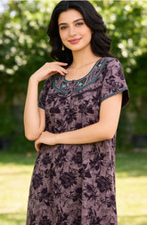 🌸 Alpine Women’s Printed Long Nightgown | Short Sleeves | Full-Length | Side Pocket | Soft Comfortable Nightwear