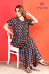 🌸 Evolove Cotton Nighty Maxi for Women Printed Short Sleeves | Full-Length | Side Pocket