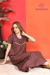 🌸 Evolove Cotton Nighty Maxi for Women Printed Short Sleeves | Full-Length | Side Pocket