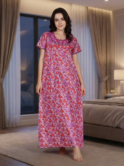 🌸 Evolove 100% Cotton Nighty with Embroidery Maxi for Women Printed Short Sleeves | Full-Length | Side Pocket