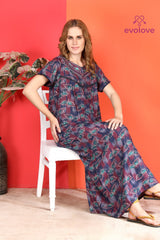 Alpine Long Nightgown for Women with Side Pocket | Soft Breathable Fabric | Printed Maxi Nighty | Comfortable Daily Wear
