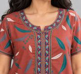 Alpine Women’s Printed Long Nightgown – Short Sleeve Floral Leaf Print with Embroidered Neckline