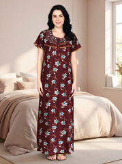 Alpine Long Nightgown for Women with Side Pocket | Soft Breathable Fabric | Printed Maxi Nighty | Comfortable Daily Wear
