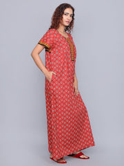Evolove Women's 100% Cotton Printed Maxi Nightgown Long Nighty Sleepwear for Ladies Super Soft Comfortable Design (Maroon)