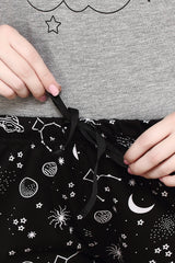 evolove Castor Grey Round Neck Galaxy print Women's (Shorts set), (Grey & Black)