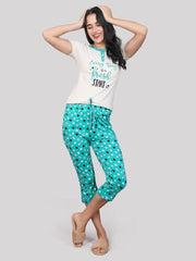 Evolove Women's Cotton Capri Pant & Top Night Suit Set Wear with Stylish 2 Side Pockets Pyjama Super Soft Cotton (Green)