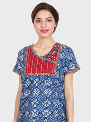 Evolove Women's Cotton Printed Maxi Nighty Sleepwear Super Comfortable & Soft Cotton (Blue)