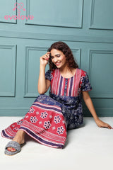 Evolove Women's 100% Cotton Printed Maxi Nightgown Long Nighty Sleepwear for Ladies Super Soft Comfortable Design (Navy Blue)