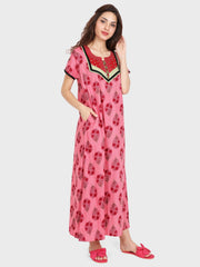Evolove Women's Cotton Printed Maxi Nighty Sleepwear Super Comfortable & Soft Cotton (Pink)
