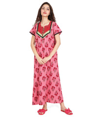 Evolove Women's Cotton Printed Maxi Nighty Sleepwear Super Comfortable & Soft Cotton (Pink)