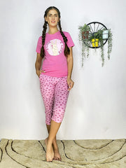 Evolove Women's Pants and Tops or Tshirt Pyjama Set 100% Cotton Love Printed Capris Leggings for Dailywear with Stylish Side Pockets Regular Fit (Small Size)