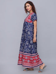 Evolove Women's 100% Cotton Printed Maxi Nightgown Long Nighty Sleepwear for Ladies Super Soft Comfortable Design (Navy Blue)