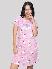 Evolove Women's 100% Cotton Printed Knee Length Casual Regular Short Nightgown (Pink)