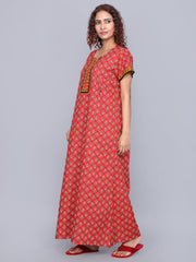 Evolove Women's 100% Cotton Printed Maxi Nightgown Long Nighty Sleepwear for Ladies Super Soft Comfortable Design (Maroon)
