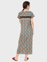 Evolove Women's Rayon Printed Maxi Nighty Sleepwear Super Comfortable (Teal)