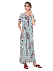 Evolove Women's Rayon Printed Maxi Nighty Sleepwear Super Comfortable (Grey Green)