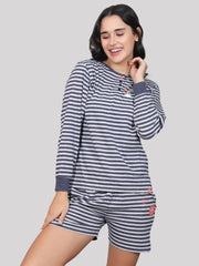 Evolove Women's 100% Cotton Shorts Set | Round Neck Full Sleeves Tshirt Shorts with Pockets Super Soft Comfortable