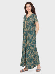 Evolove Women's Rayon Printed Maxi Nighty Sleepwear Super Comfortable (Teal Green)