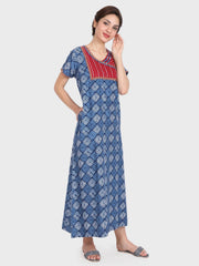 Evolove Women's Cotton Printed Maxi Nighty Sleepwear Super Comfortable & Soft Cotton (Blue)
