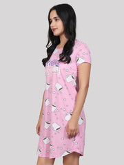 Evolove Women's 100% Cotton Printed Knee Length Casual Regular Short Nightgown (Pink)
