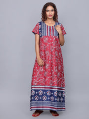Evolove Women's 100% Cotton Printed Maxi Nightgown Long Nighty Sleepwear for Ladies Super Soft Comfortable Design (Burgundy)