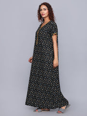 Evolove Women's 100% Viscose Printed Maxi Nightgown Long Nighty Sleepwear for Ladies Super Soft Comfortable Design ( Black)