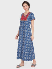 Evolove Women's Cotton Printed Maxi Nighty Sleepwear Super Comfortable & Soft Cotton (Blue)