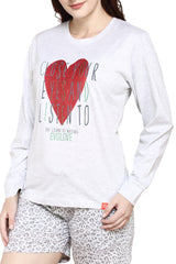 evolove Ground Grey Round neck Hearts Print Women's (Shorts set) Night suit
